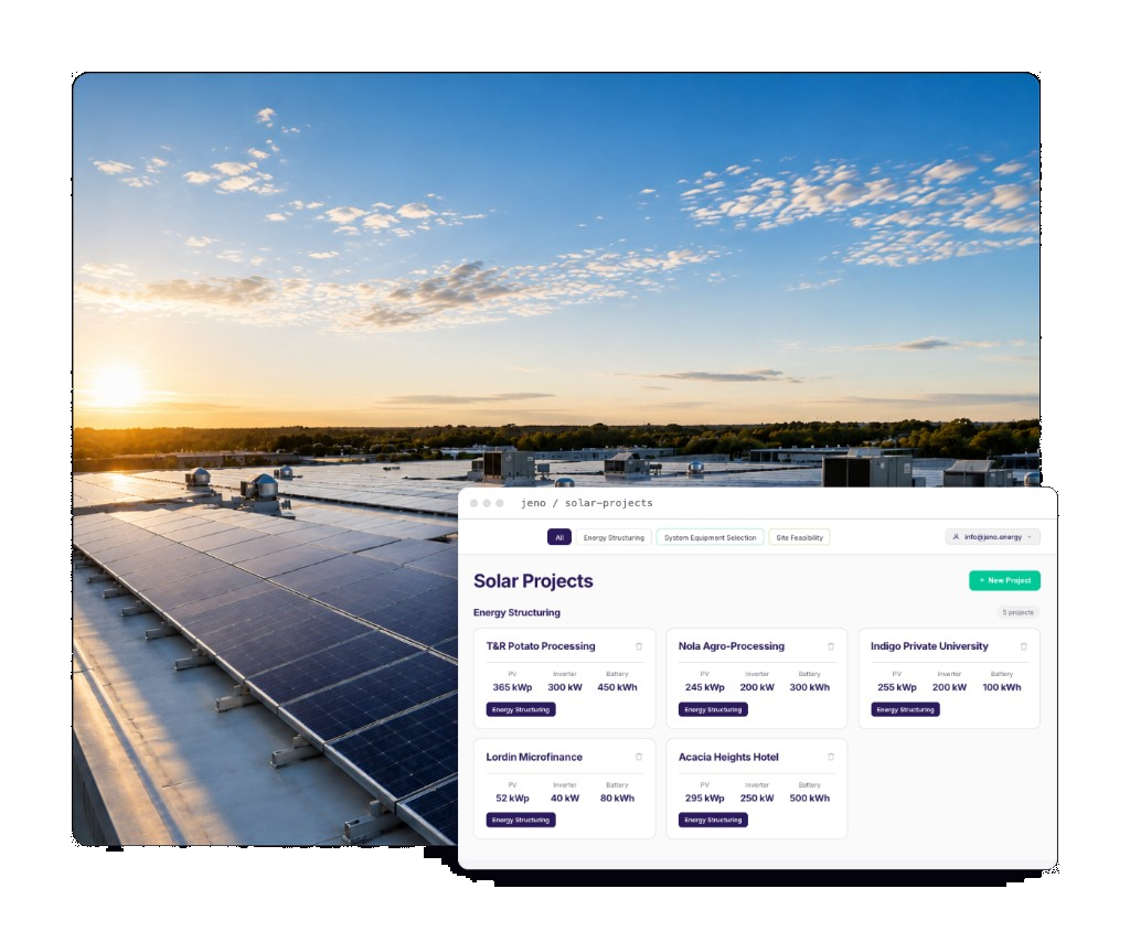 Jeno solar project dashboard over a commercial rooftop solar installation